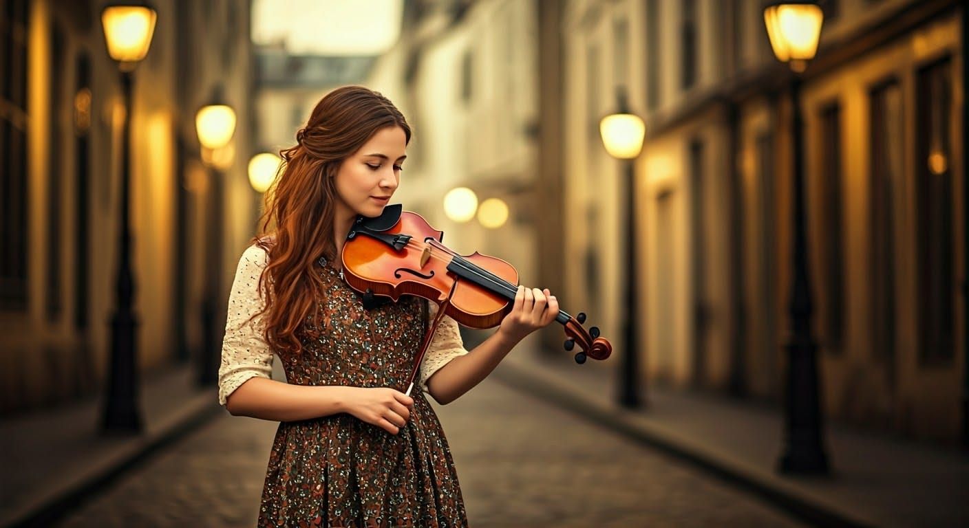 Violinist in Golden Hour Parisian Street Scene
