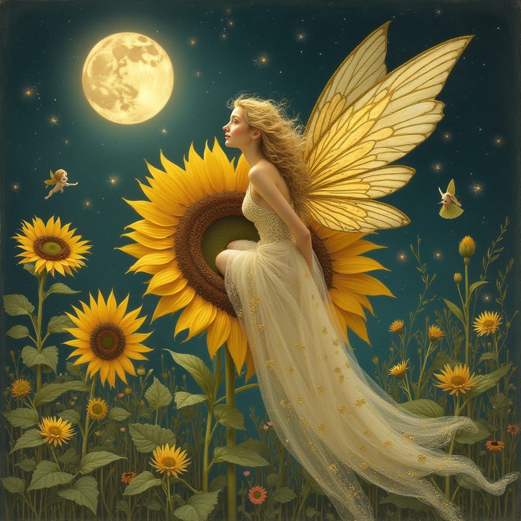 Fairy on Sunflower in Art Nouveau Style