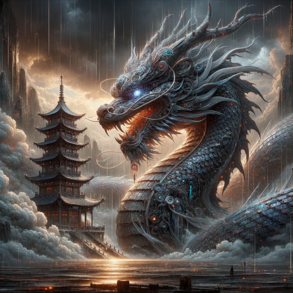 Cyberpunk Dragon Guards Futuristic Pagoda in Storm