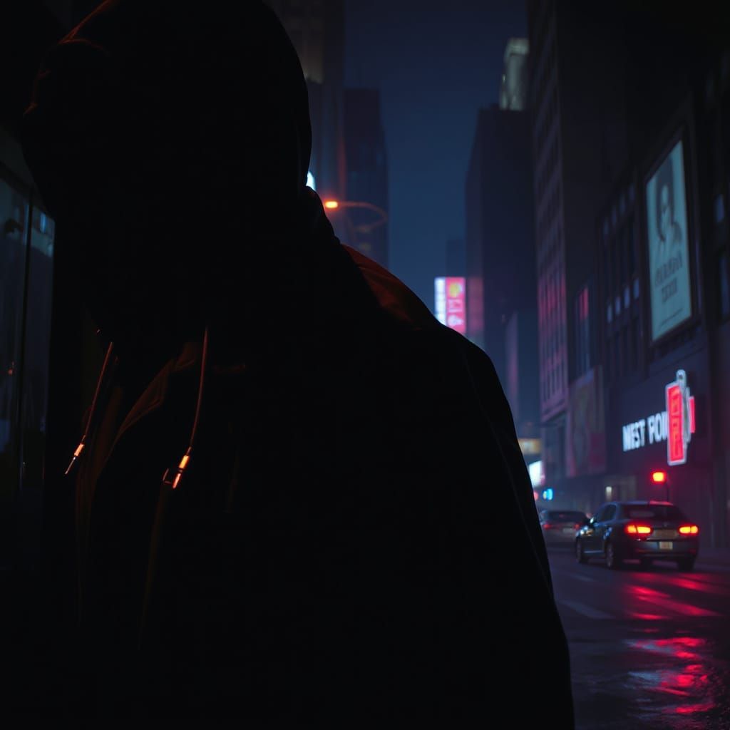 Figure Lurking in Shadows with Neon Reflections
