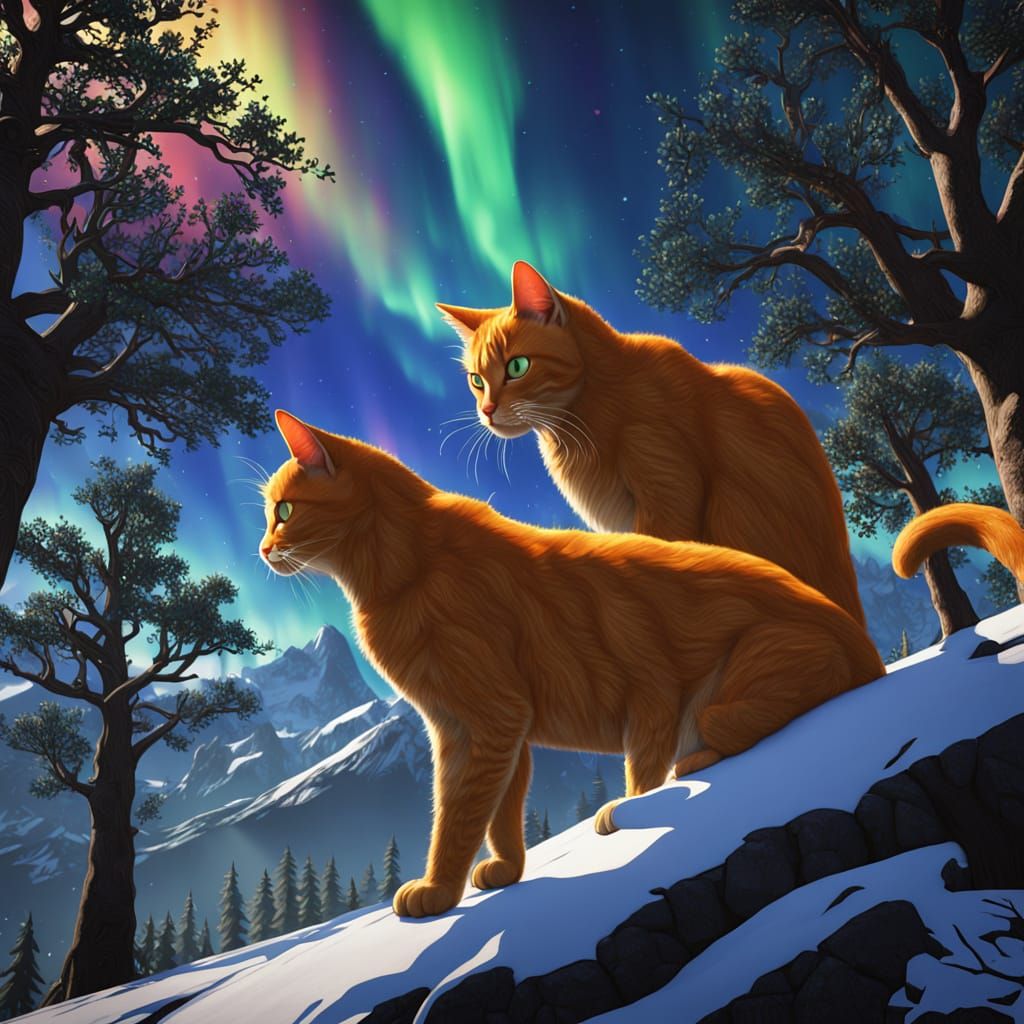 Orange-Ginger Cats Share a Tender Moment Under a Vibrant Twi...