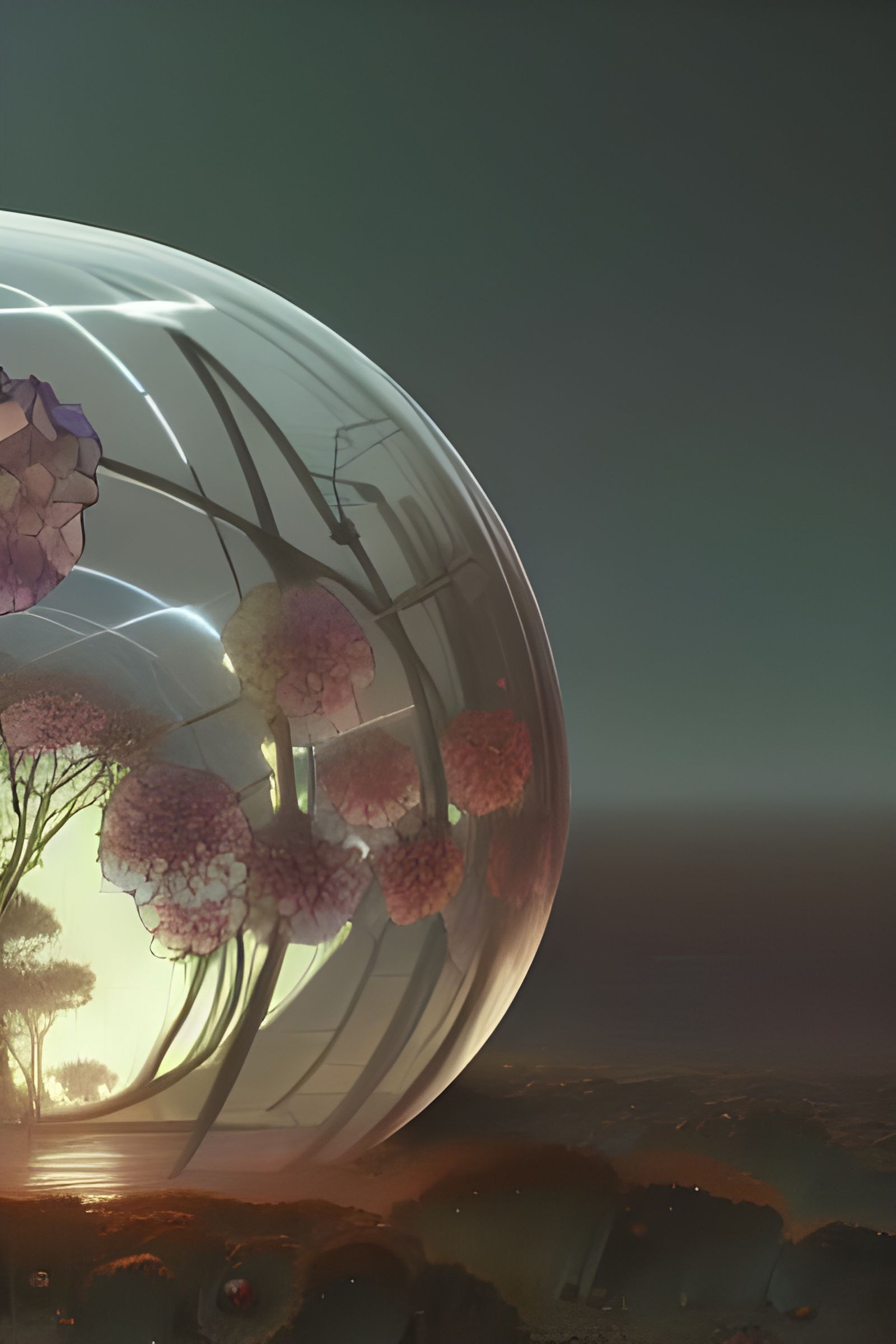 Glass Hydrangea Sphere on Alien Planet: Matte Painting