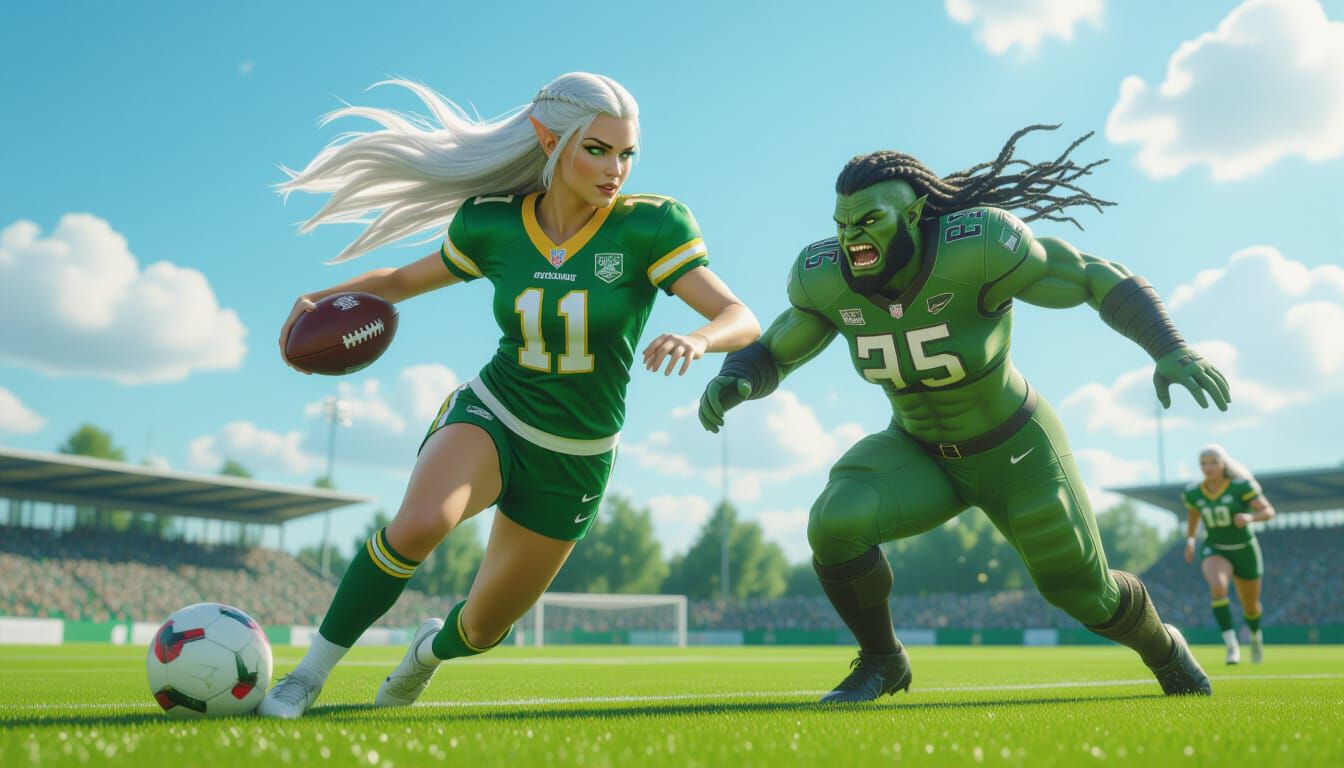 Elf Woman Plays Football, Dodging Half-Orc Opponent