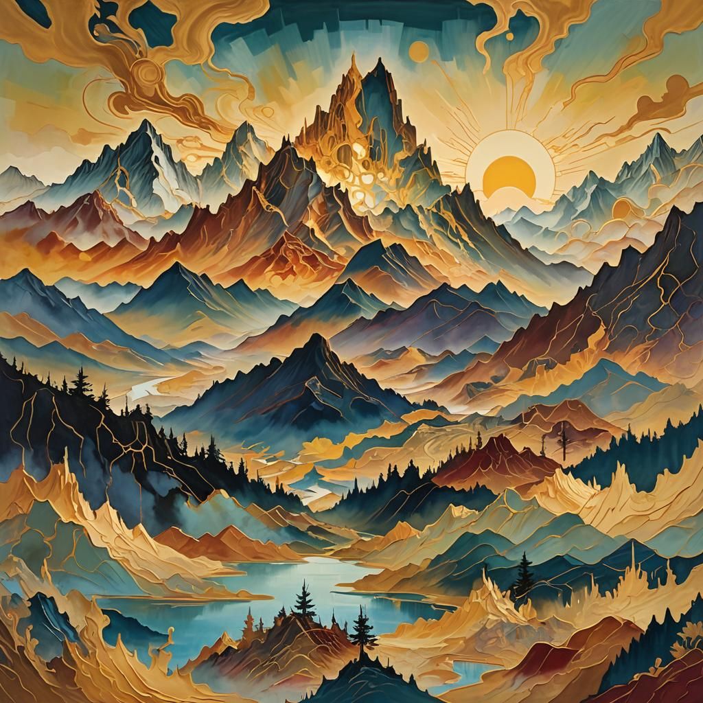 Mountain Sunrise in Abstract Expressionist Art Nouveau Style