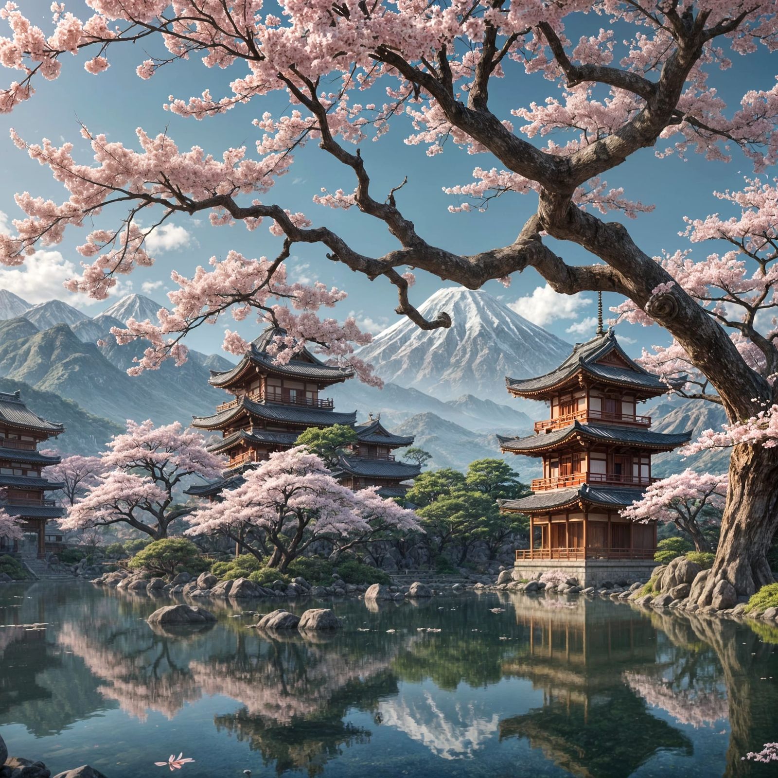 Ancient Sakura Tree and Japanese Temples in 3D Anime Art