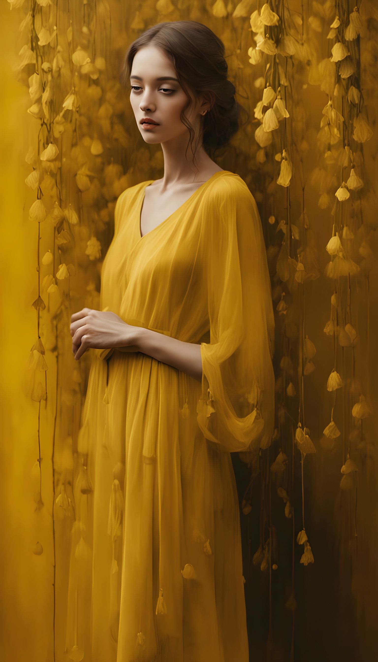 Serene Young Woman in a Dreamy Yellow Landscape