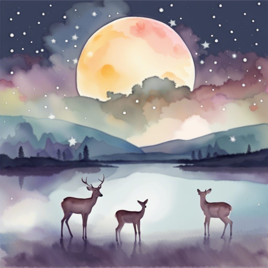 Watercolor Deer Family Under the Stars