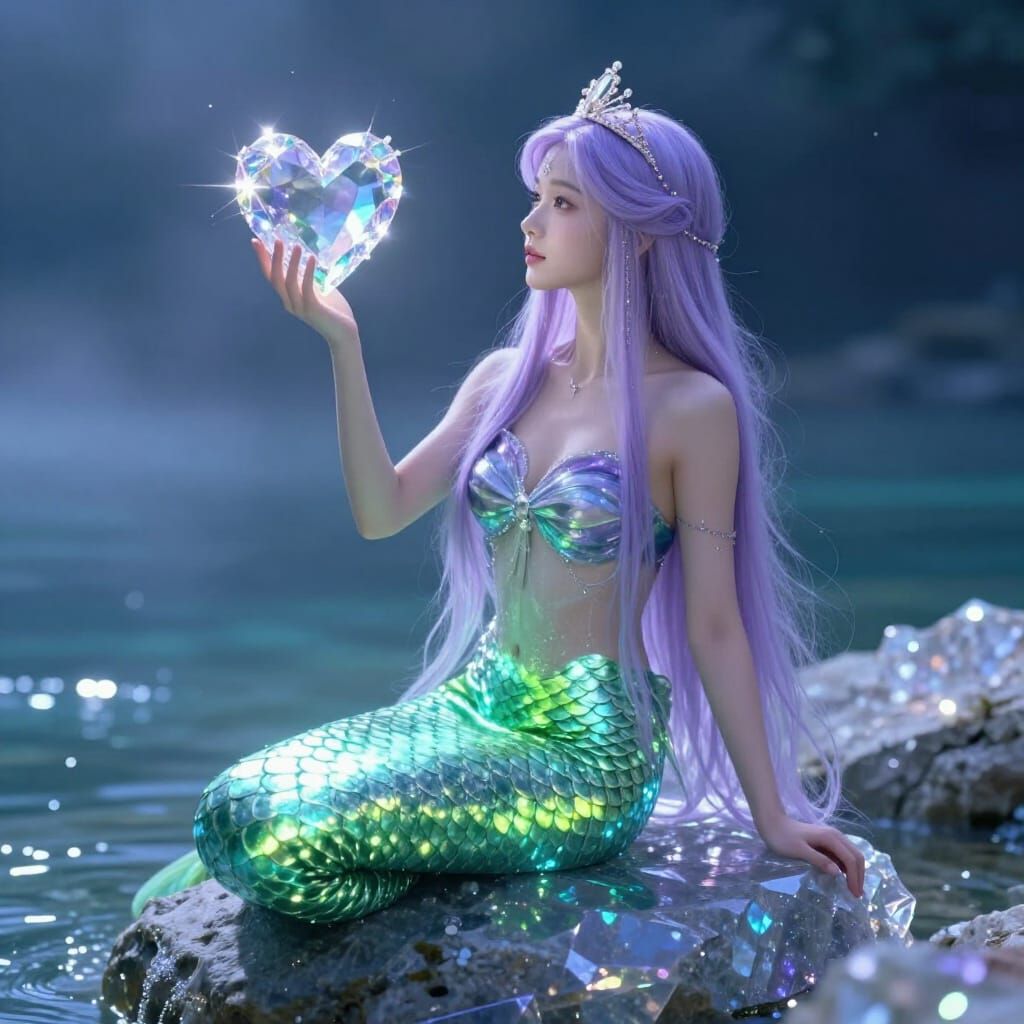 Ethereal Mermaid with Lavender Hair and Crystal Heart