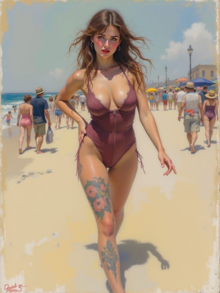 Pin Up Woman Poses on Crowded Boardwalk