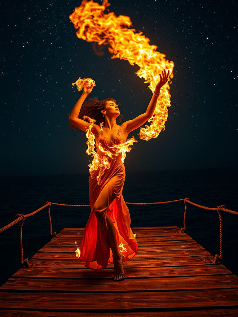 Flaming Dancer Under Starry Night Sky