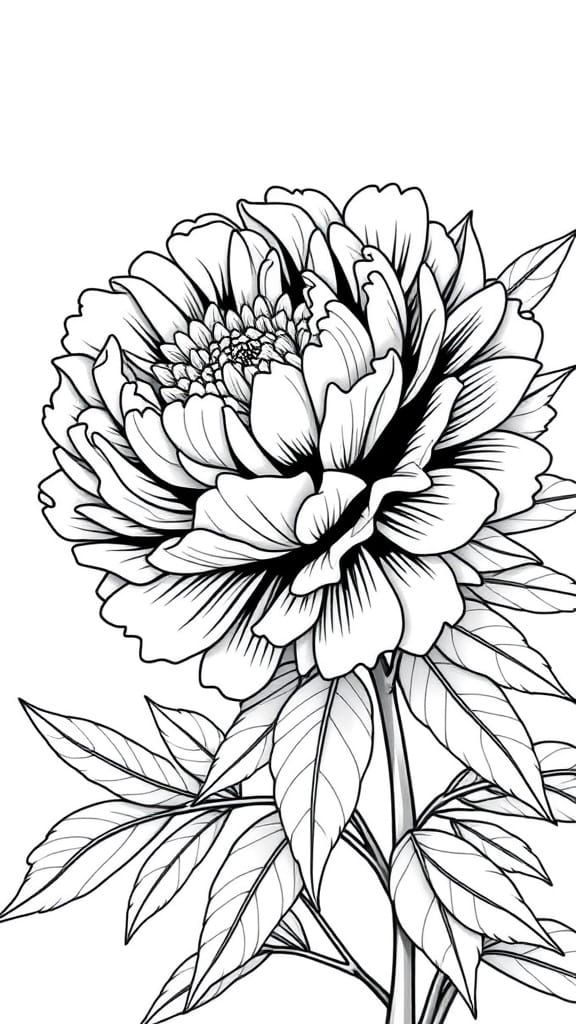 Simple Black and White Peony Line Art