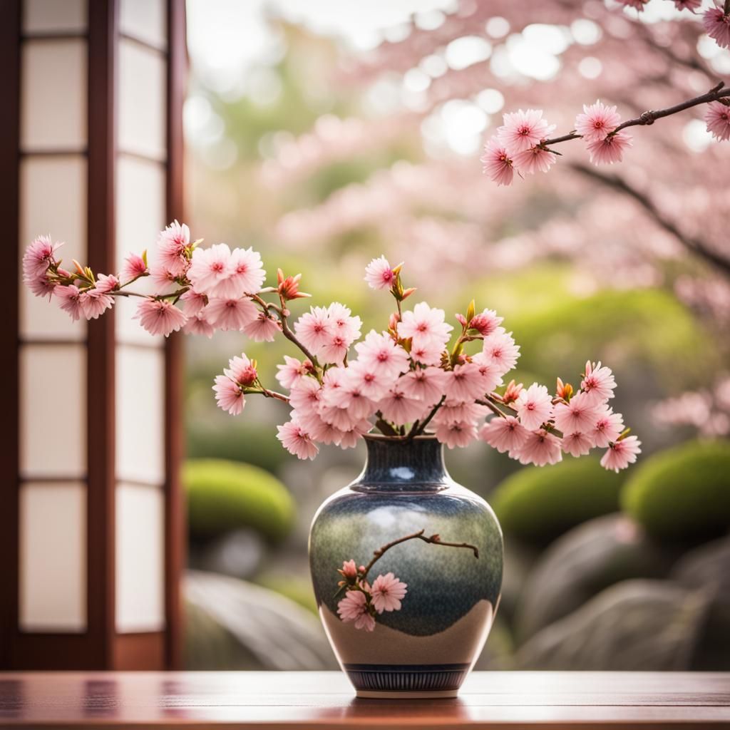 Sakura Flowers in Japanese Garden Still Life