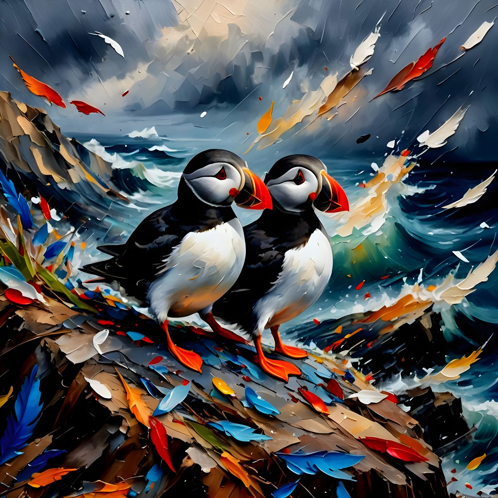 Puffin Portrait in Impasto Oil Paint Style