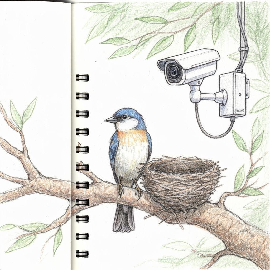 Bird Installs Security Camera Near Nest in Sketch Style