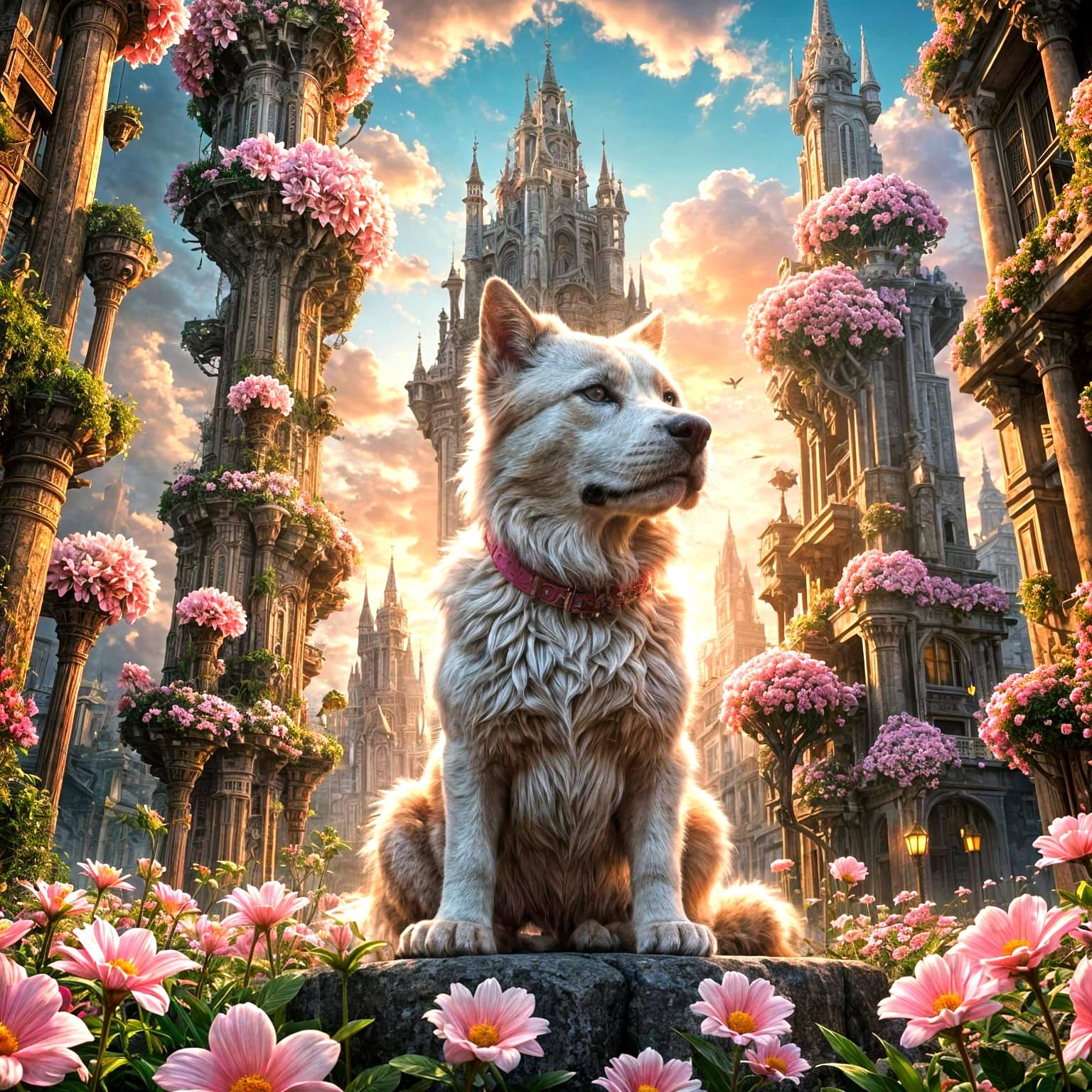 Giant Flower Dominates Cat-Dog Creature: Digital Painting