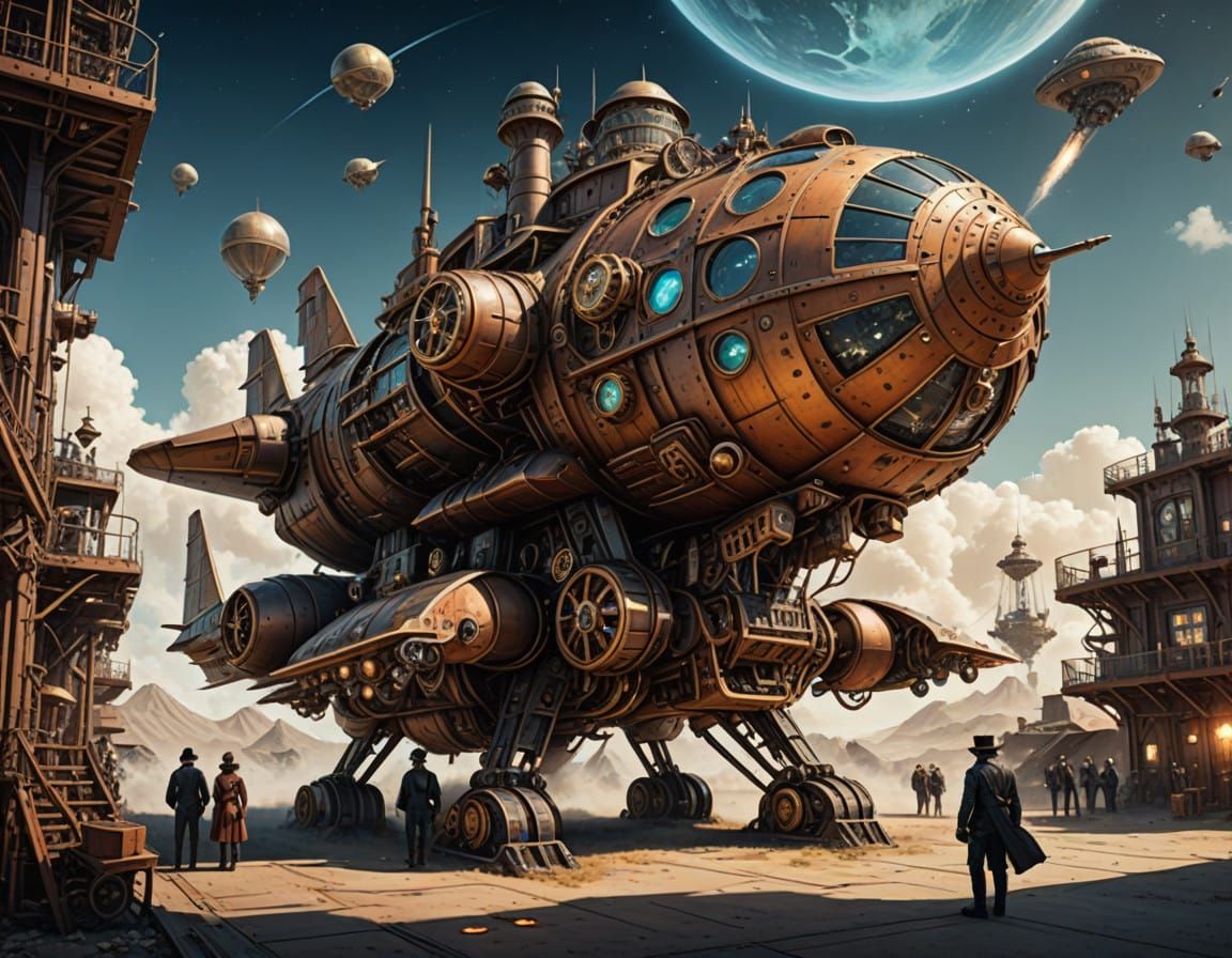 Vibrant Steampunk Spaceship Touches Down