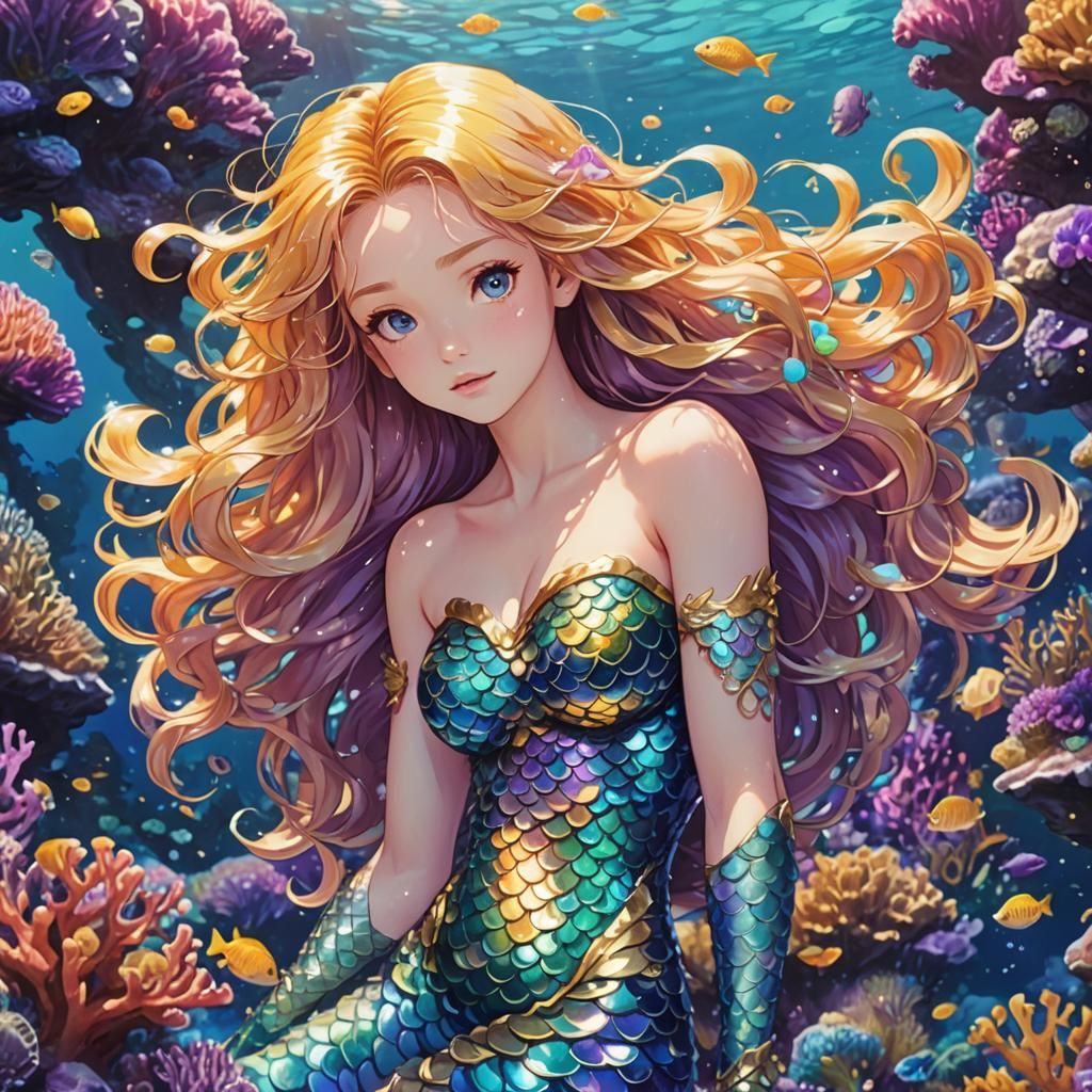 Anime Mermaid in Coral Reef, Cel-Shaded Style