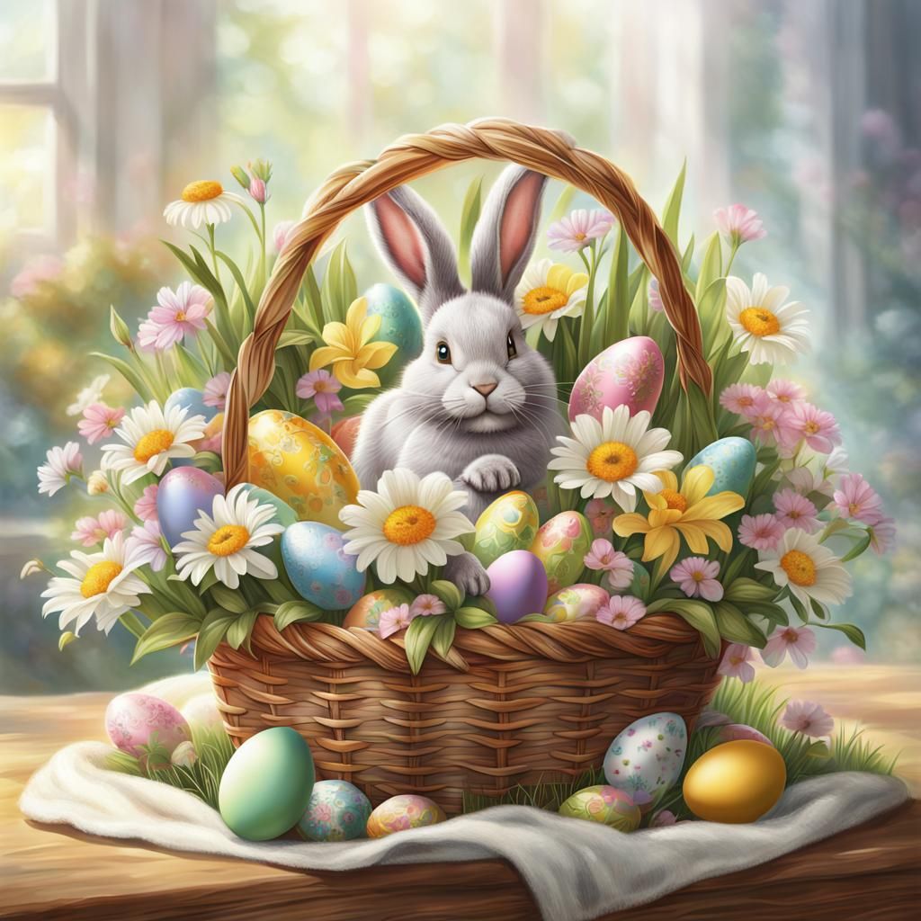 Easter Egg Basket with Bunny in Pastel Colors
