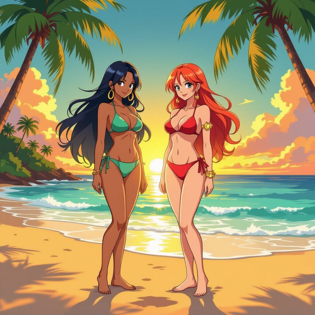 Nami & Robin on Tropical Beach at Sunset in Anime Style