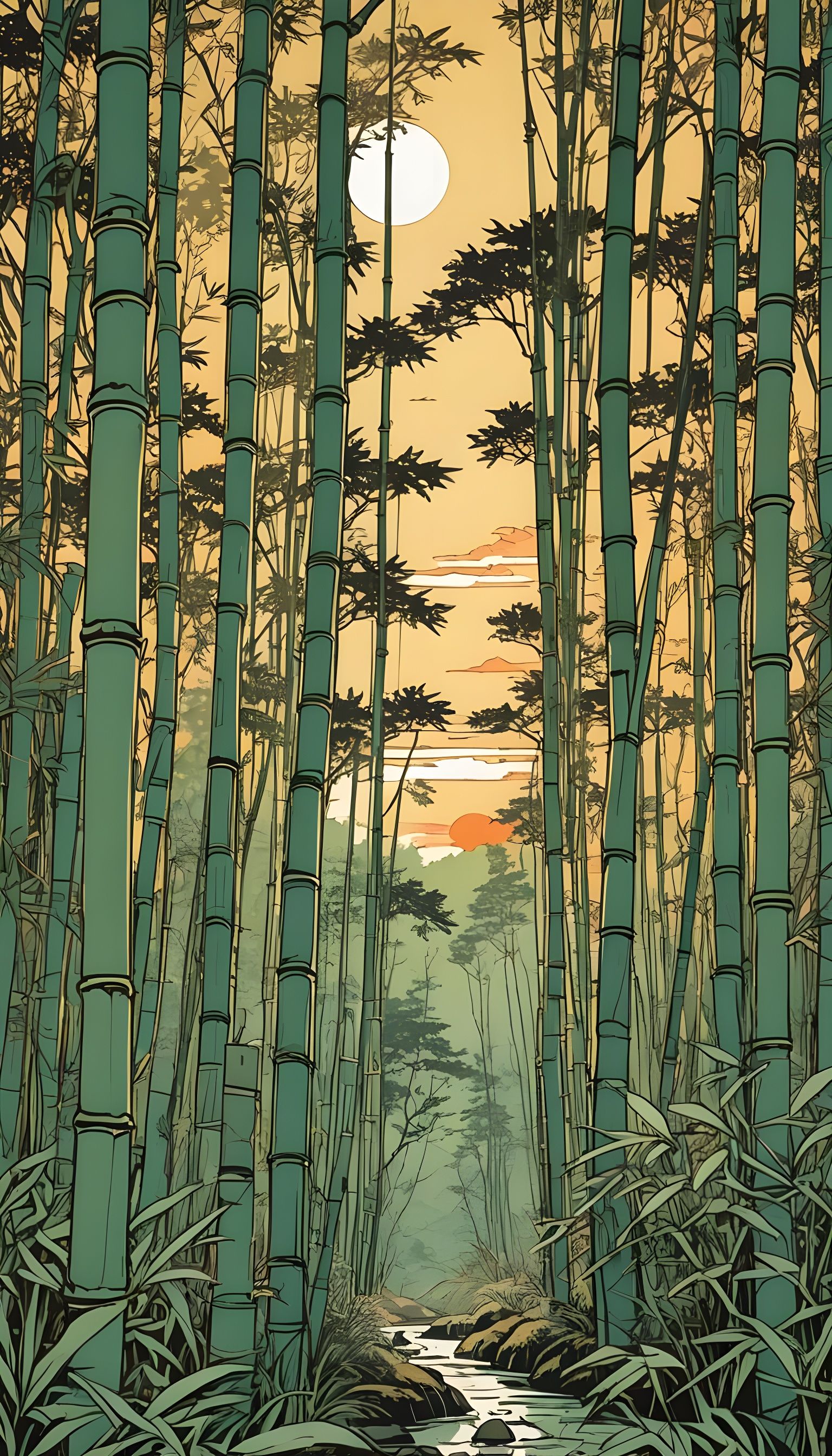 Bamboo Forest Sunset Poster in Japanese Woodcut Style