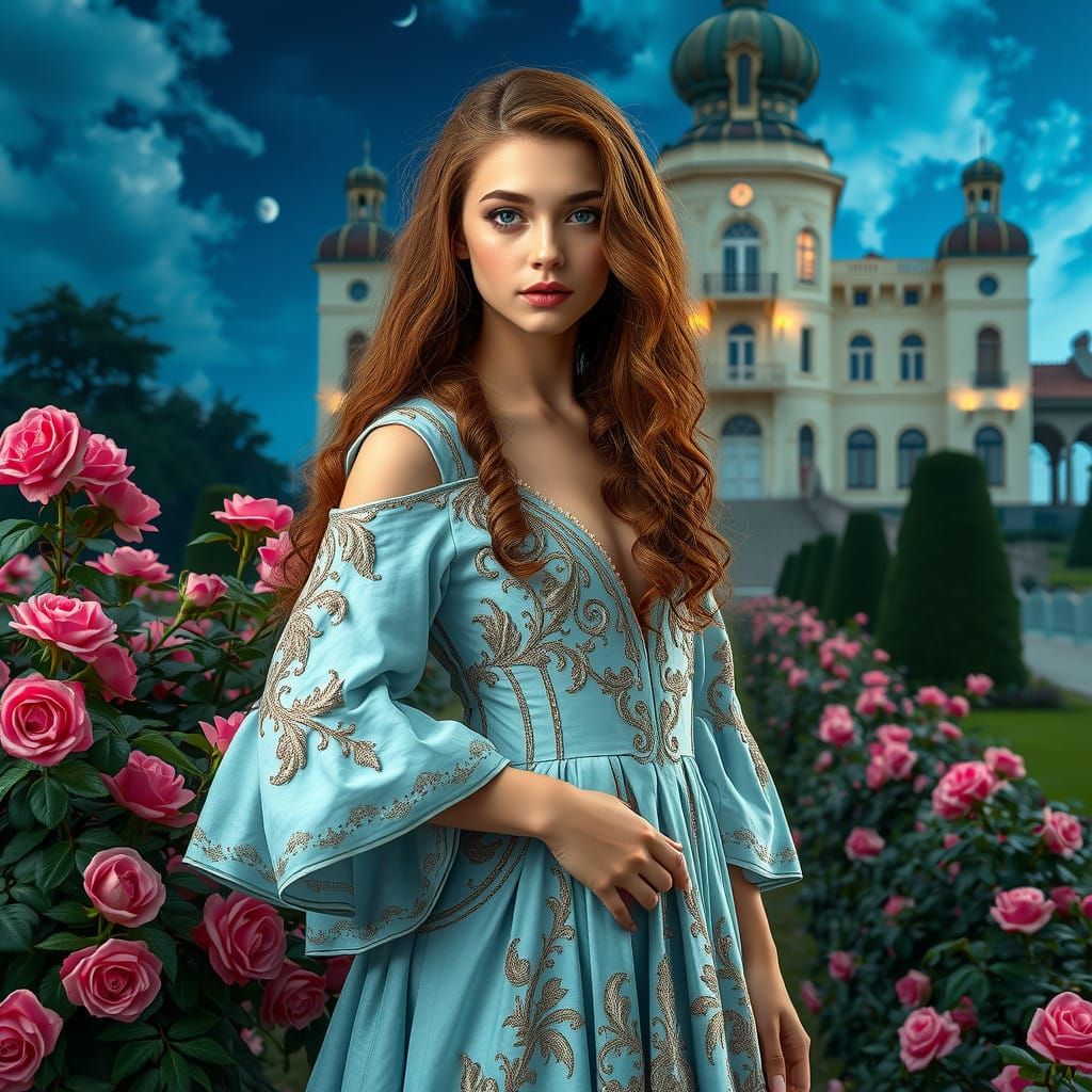 Glamorous Lady in Art Nouveau Gown, Rose Garden, and Palace