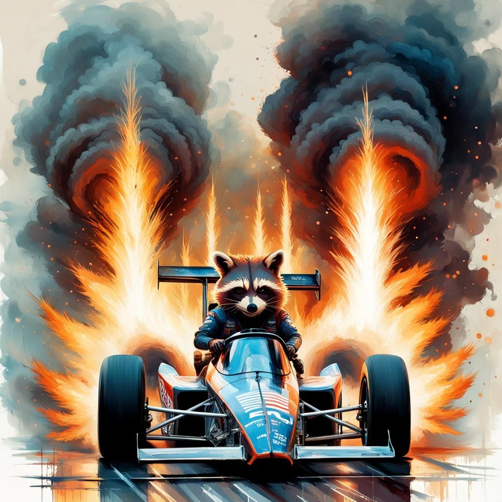 Rocket Raccoon Races Top Fuel Dragster in Mixed Media