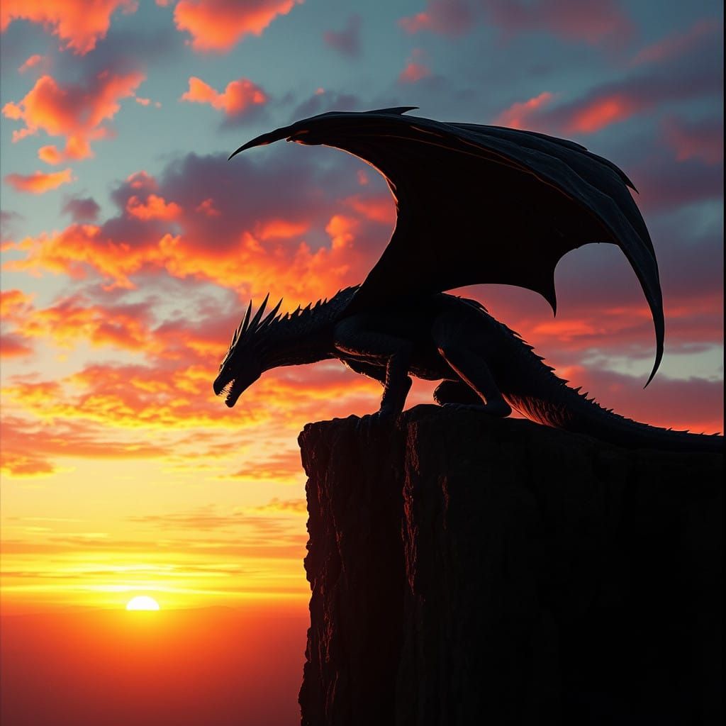 Dragon silhouetted against a dawn sky