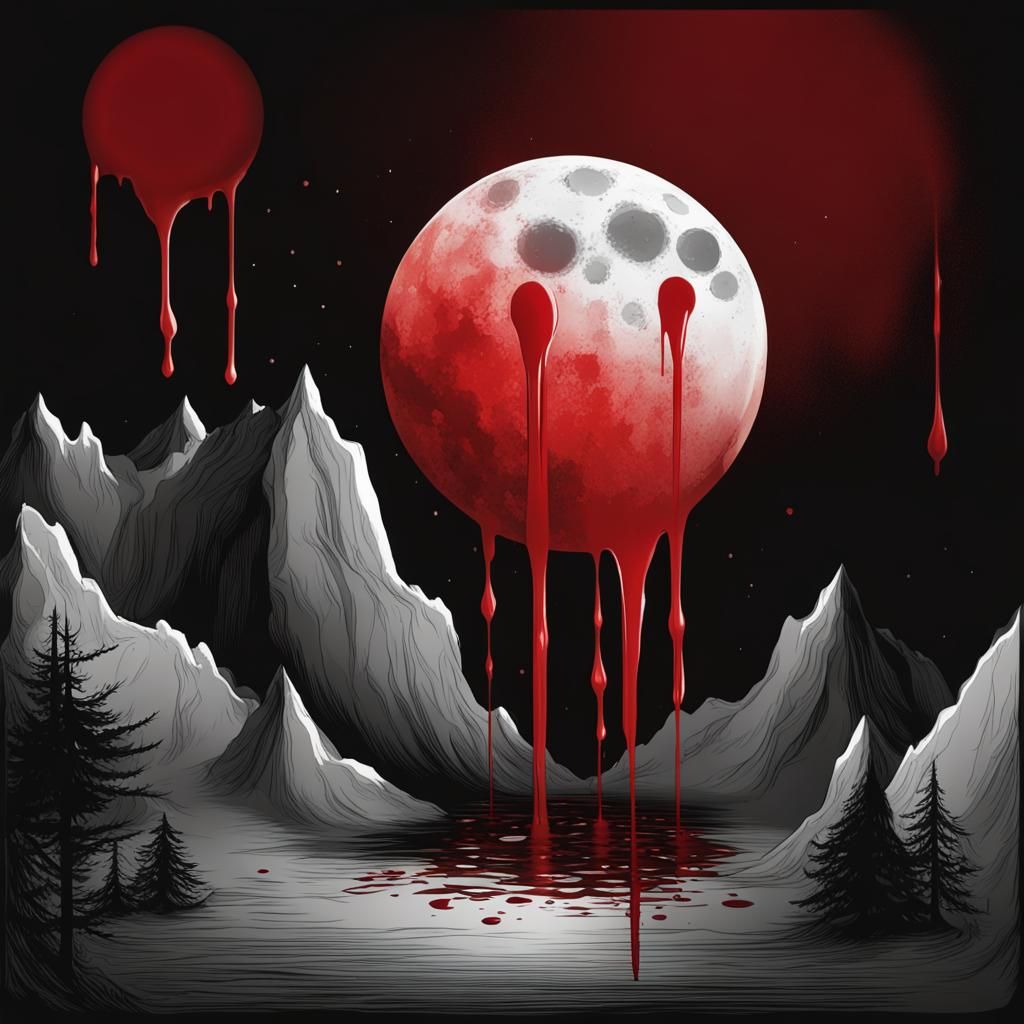 A lunar eclipse dripping blood black and white