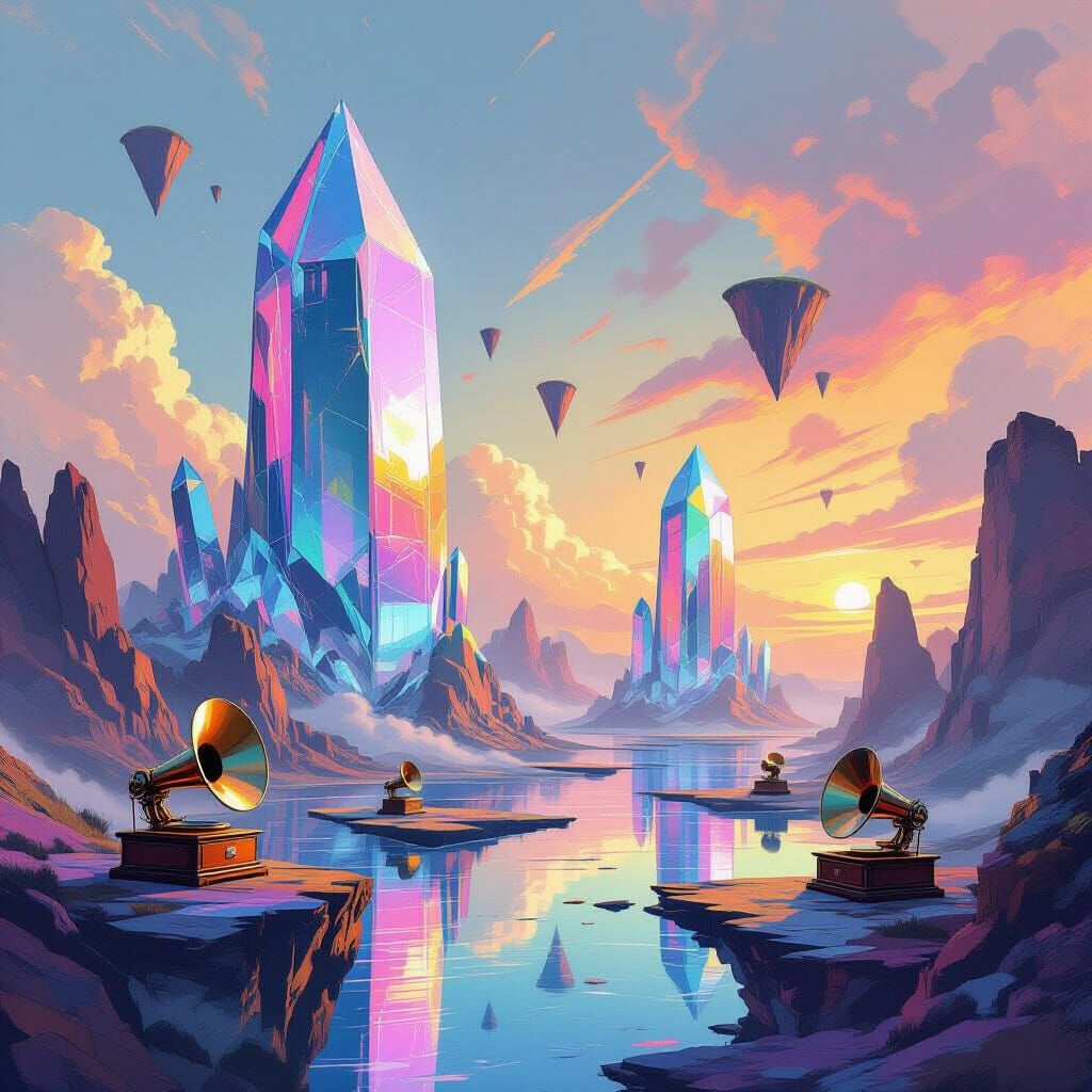 Surreal Crystalline Landscape with Floating Islands