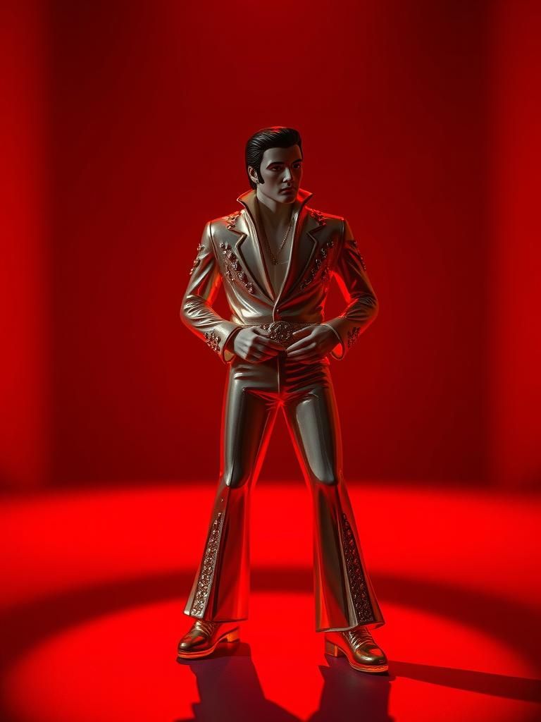 Enameled Glass Elvis Figurine on Red Stage