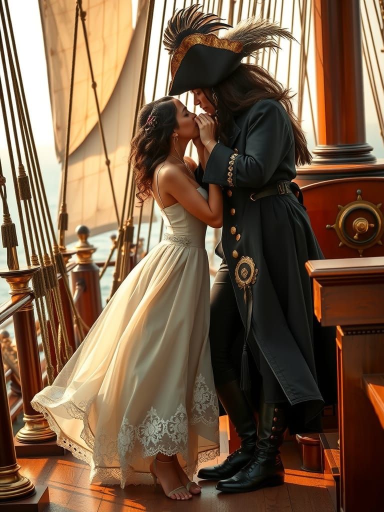 Passionate Encounter on a Pirate Ship, Hyperrealistic Style