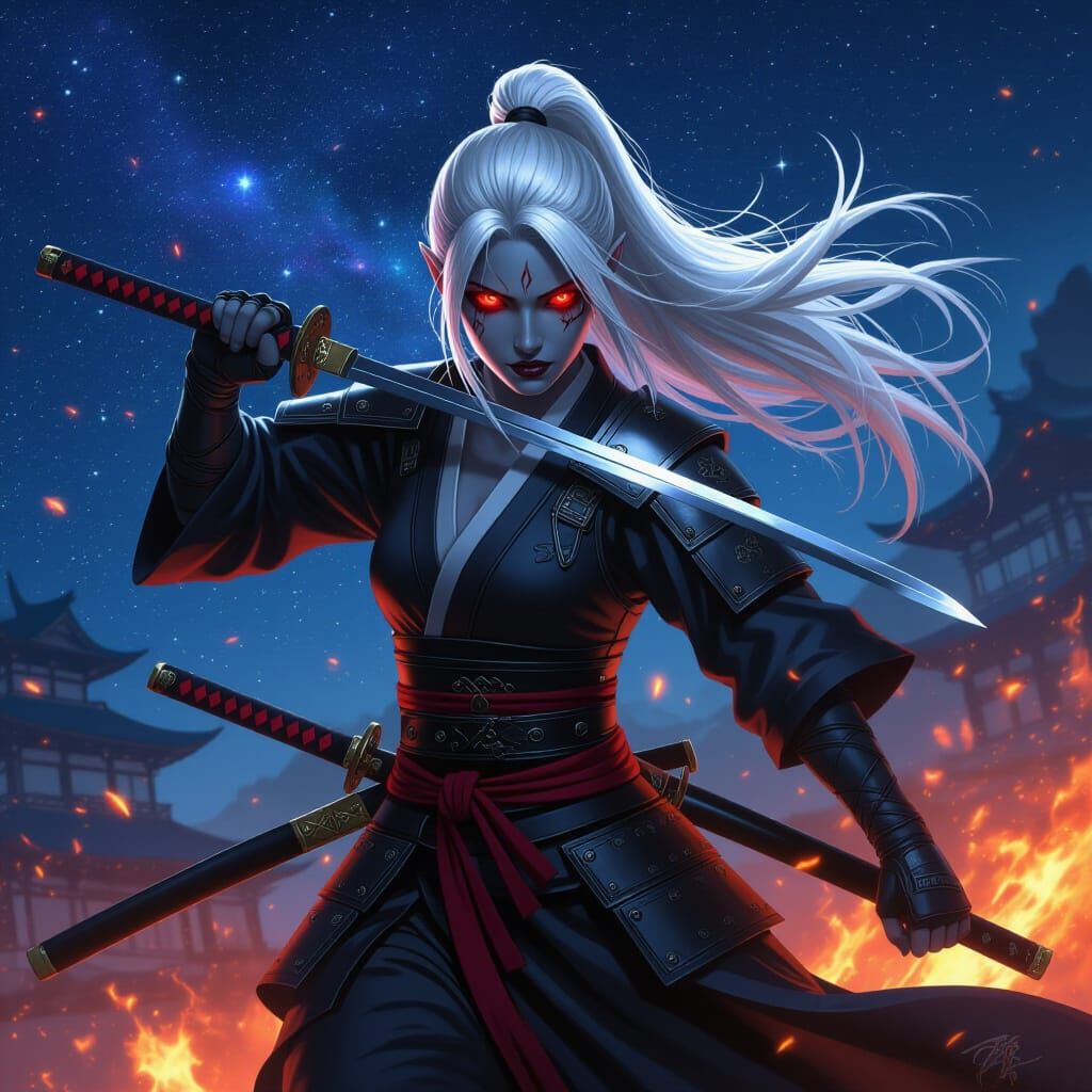Silver Haired Drow Samurai Running in Starry Night
