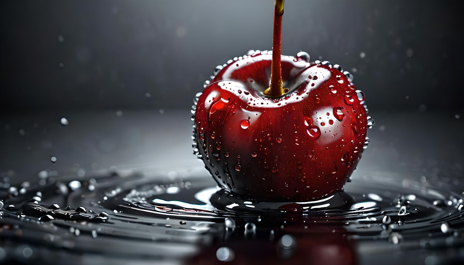 Macro Cherry with Water Droplets: Hyperrealistic Splash Art