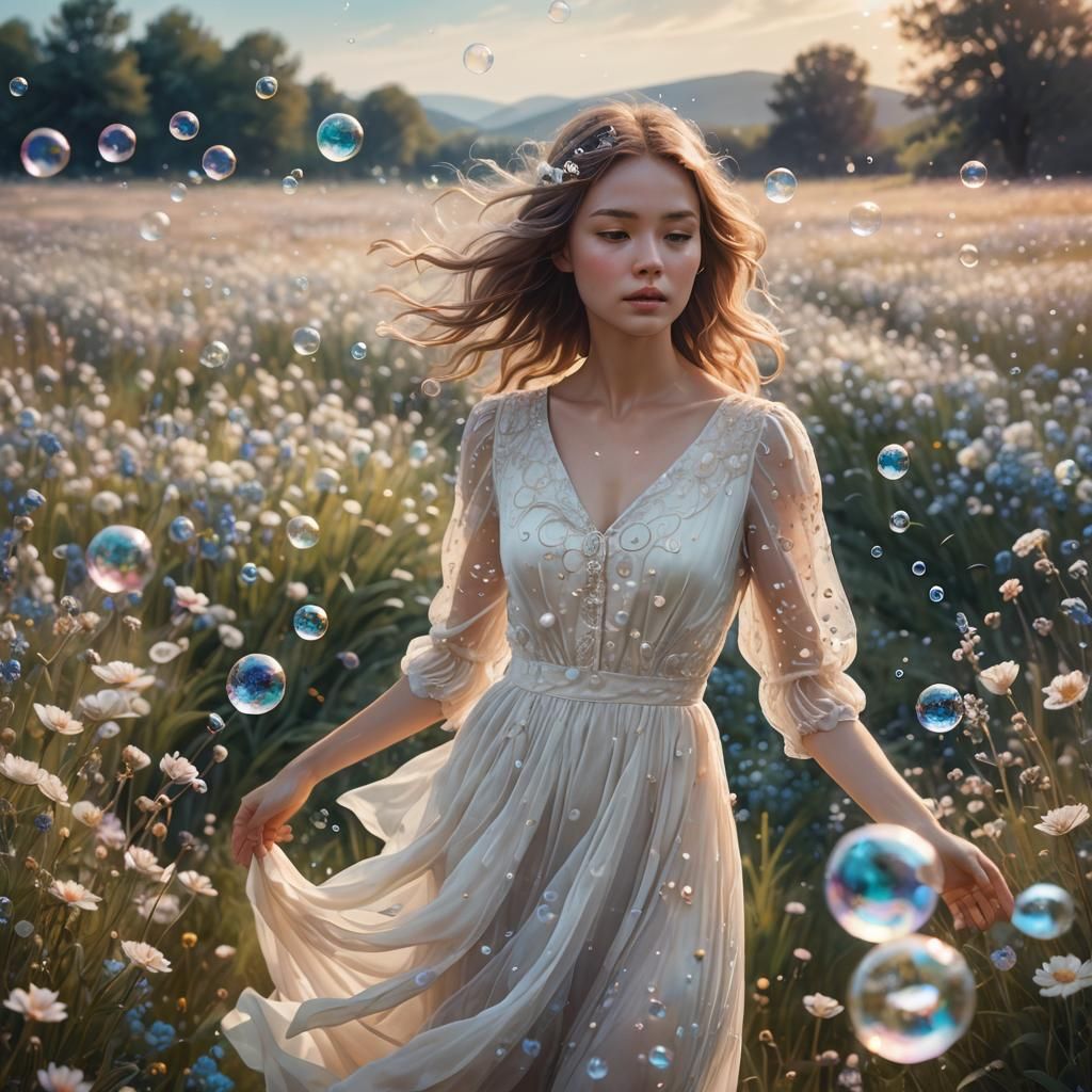 Ethereal Lady in Flower Field, Art Nouveau Style