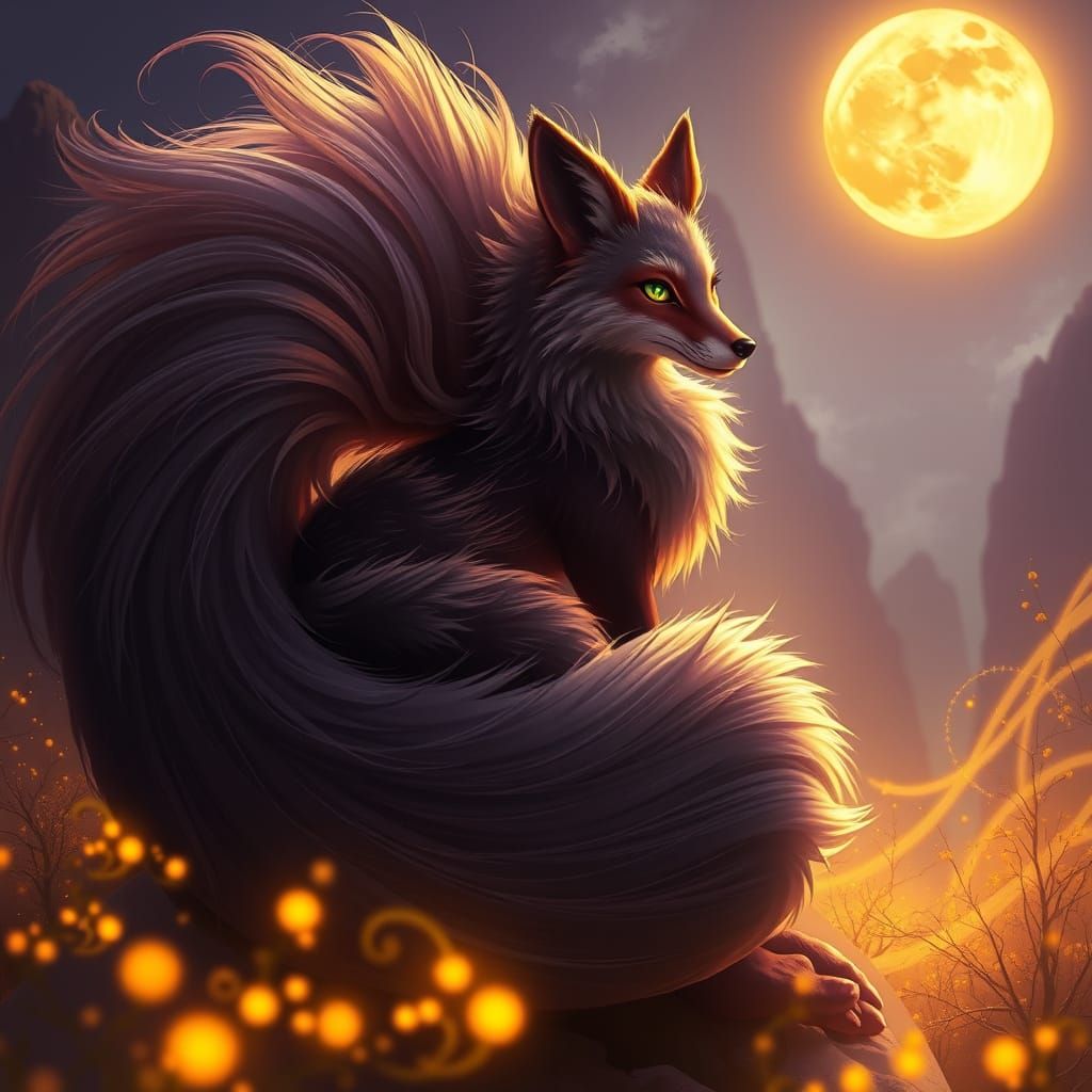 Majestic Nine-Tailed Fox in Golden Light