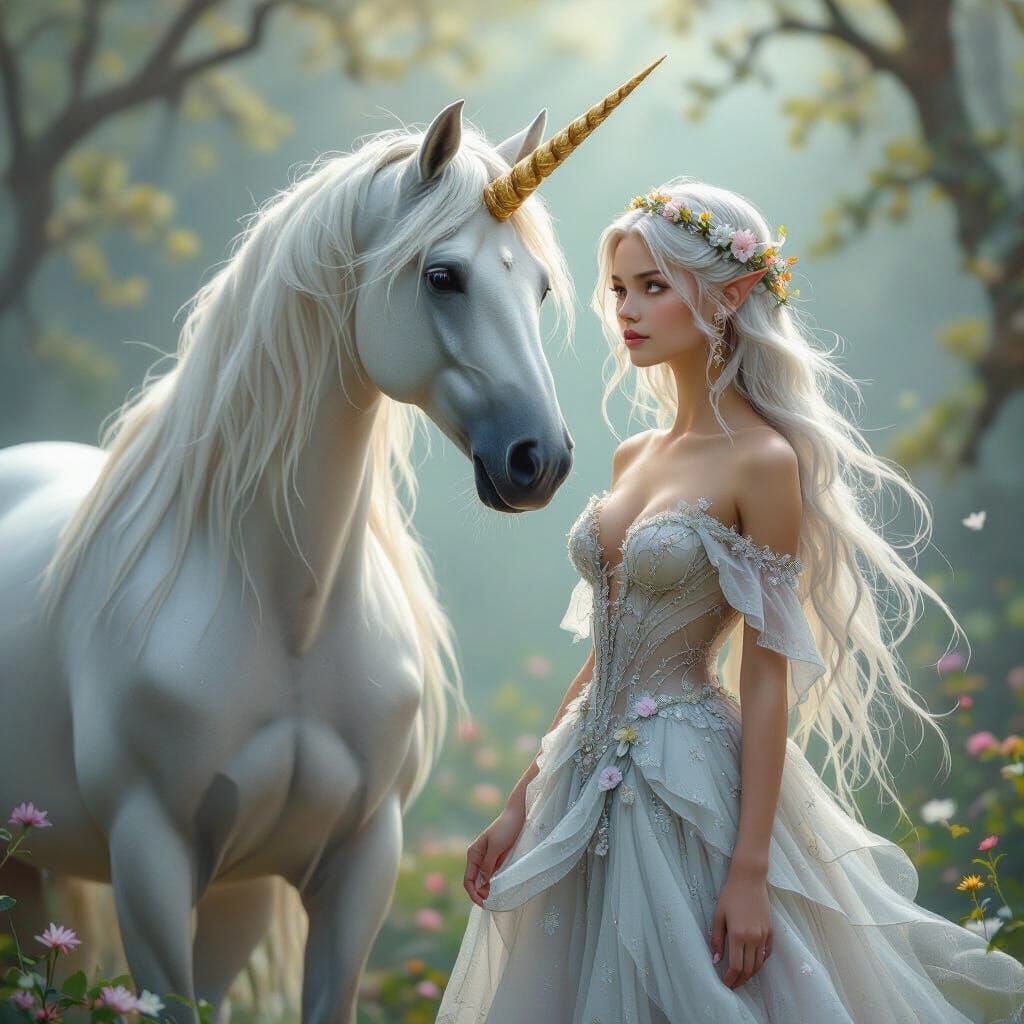 Silver Unicorn and Fairy in Dreamy Fantasy Style