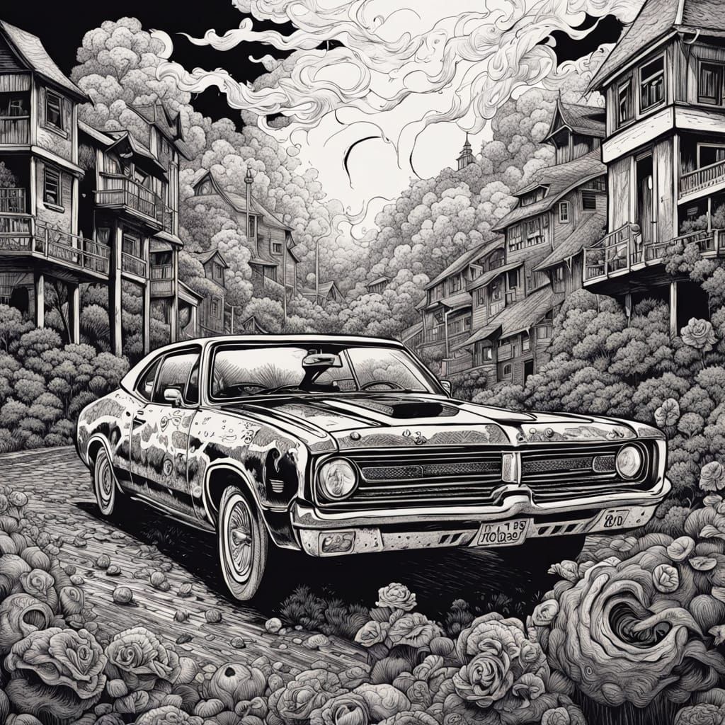 Vintage Car Horror Manga in Junji Ito Style