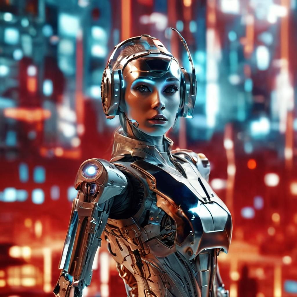 Silver Cyborg Woman in Futuristic City