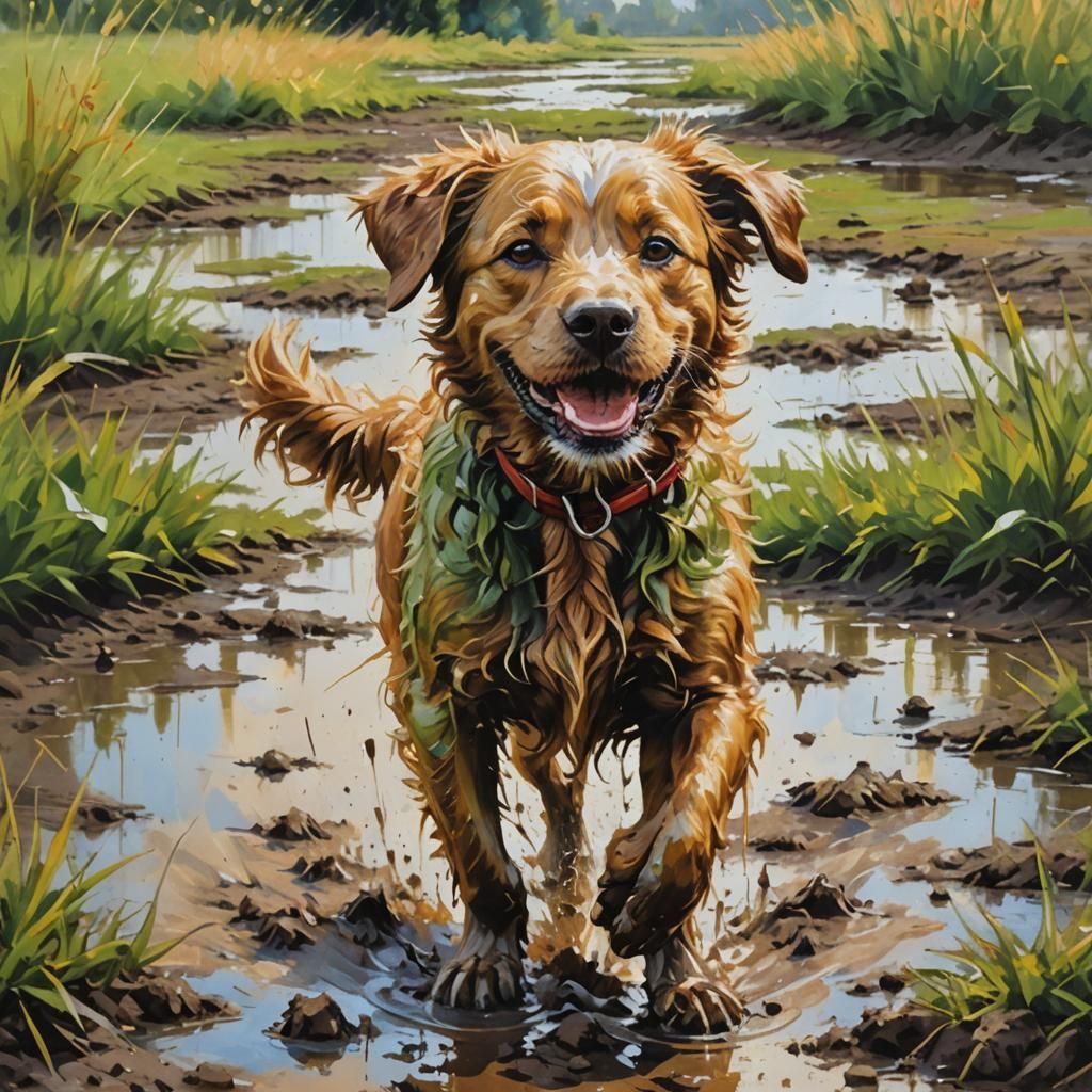 Happy Dog Playing in Mud: Impressionist Oil Painting