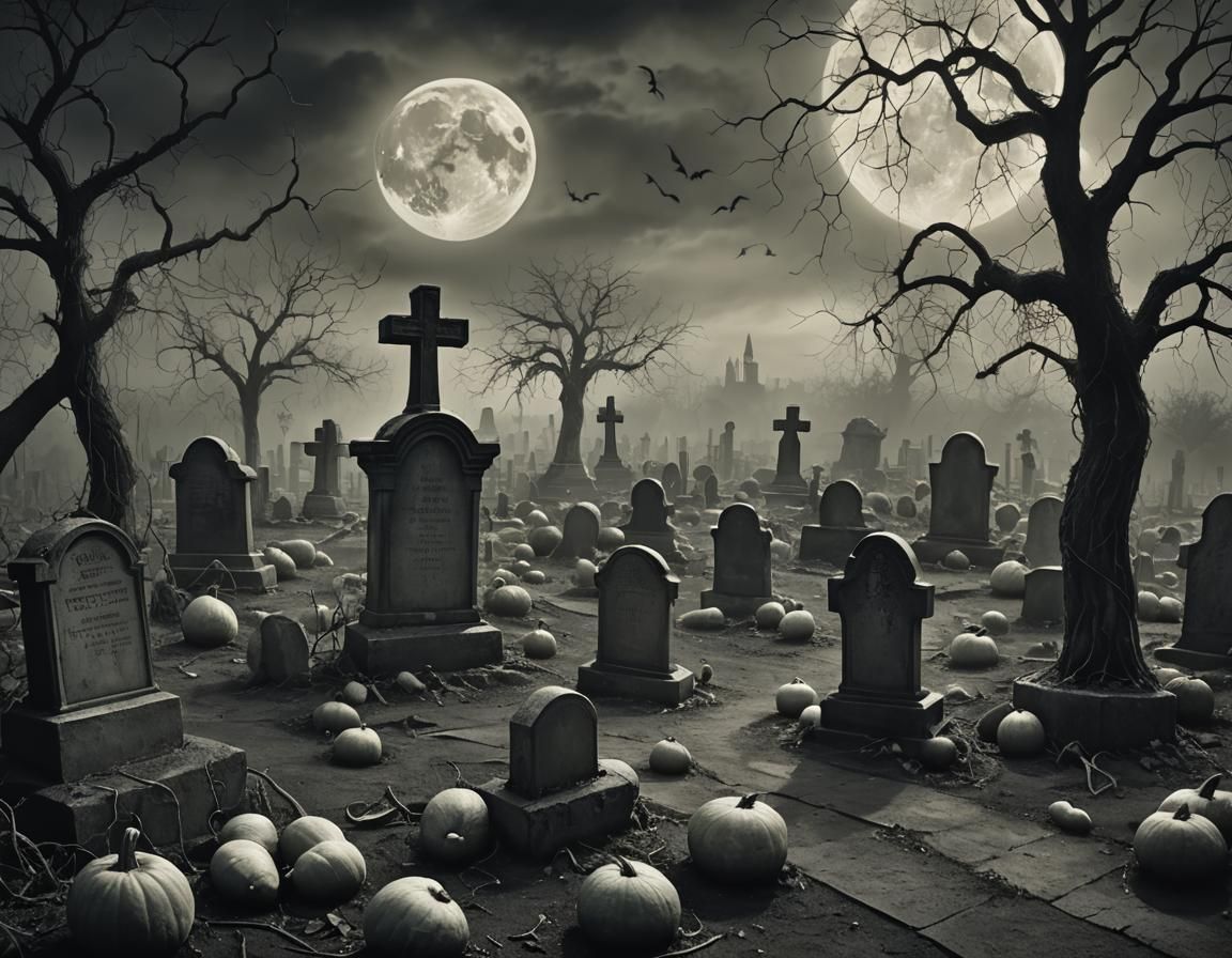 Ghostly Gourd Graveyard in Dark Surrealism Style