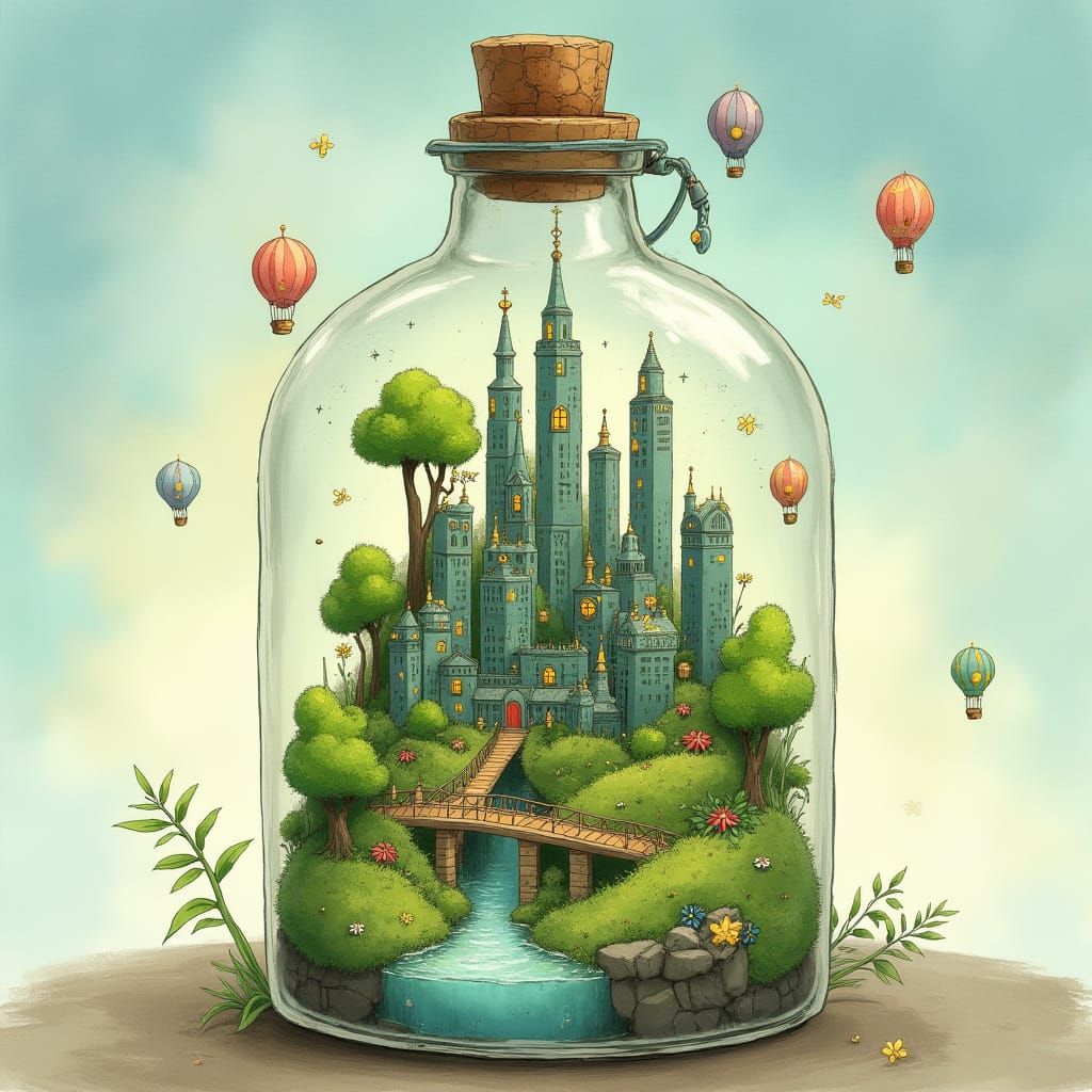 Miniature World in Bottle, Ghibli Style