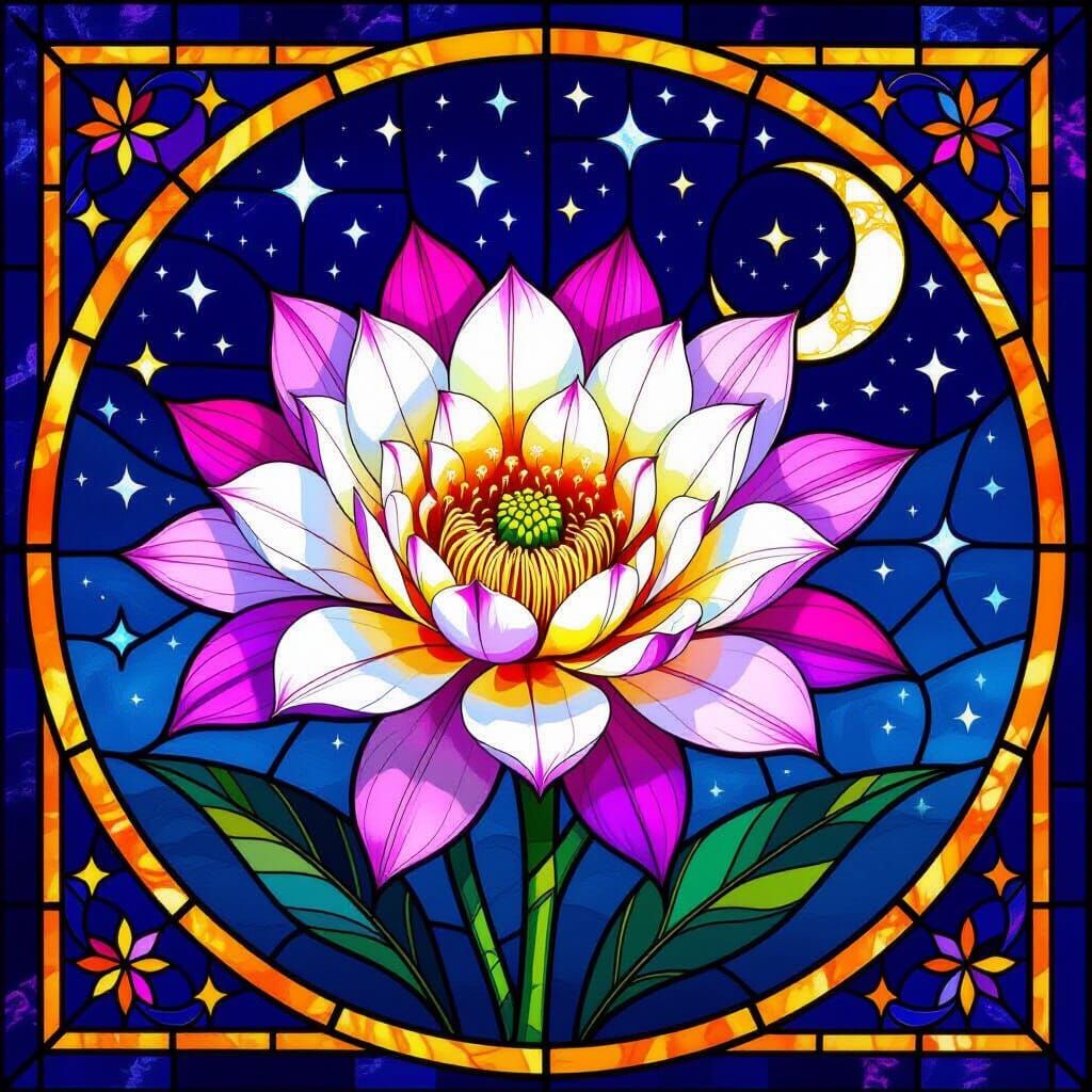 Stained Glass Night Blooming Flower Under Starry Sky