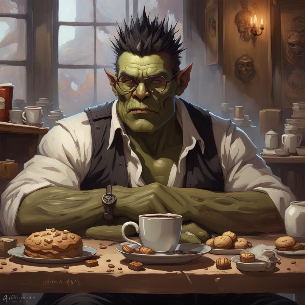 Detailed Orc Portrait with Coffee and Treats