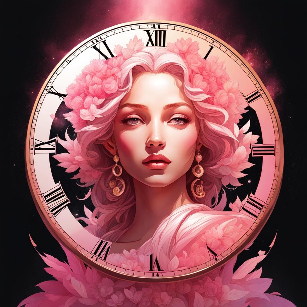 Clock and Moon Double Exposure in Art Nouveau Style