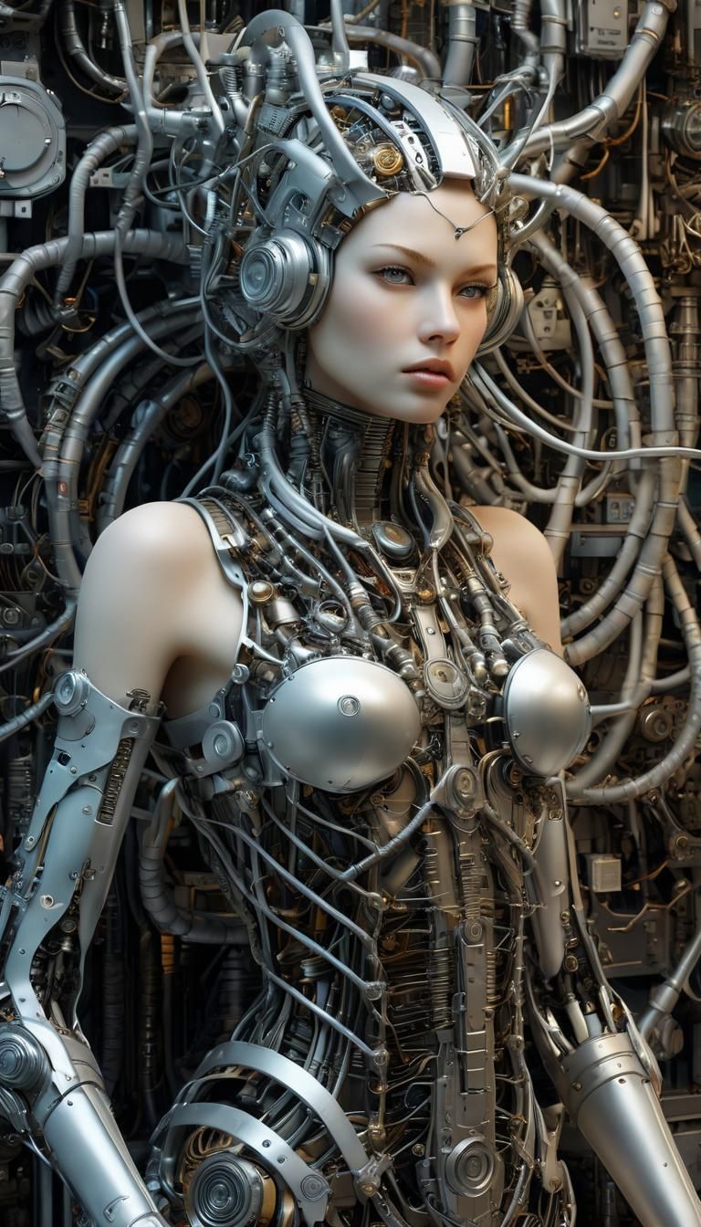 Girl in Cyberpunk Mechanical Body Surreal Scene