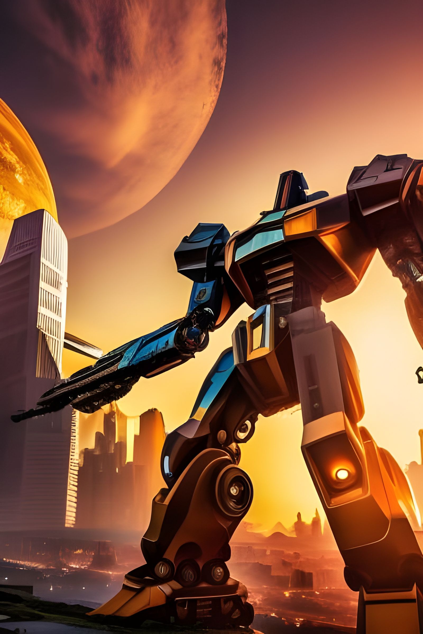 Giant Mecha on Alien Planet at Sunset