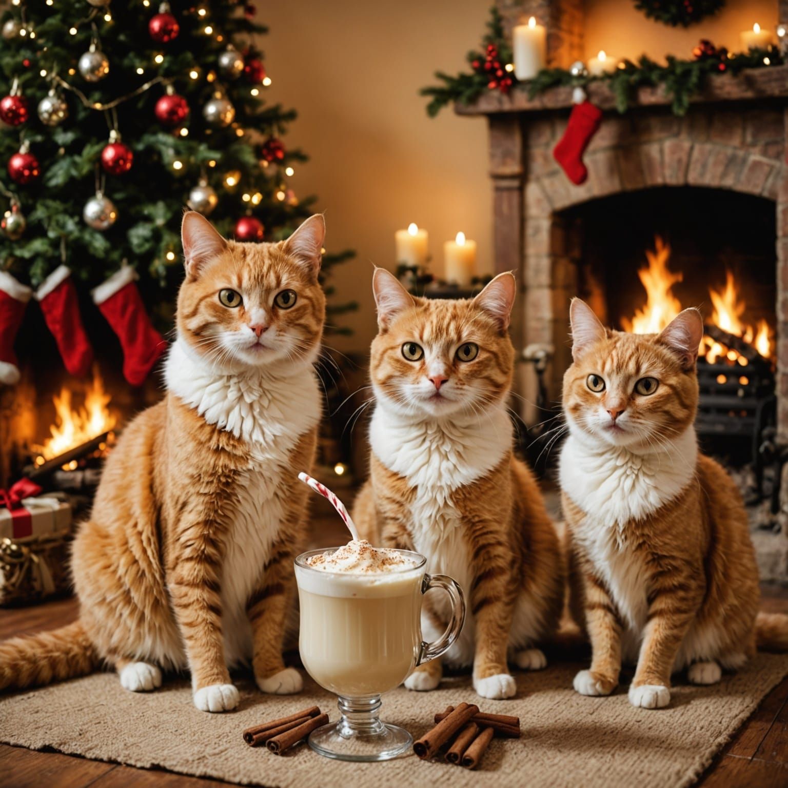 Jovial Christmas Cats Enjoy Eggnog by the Fire