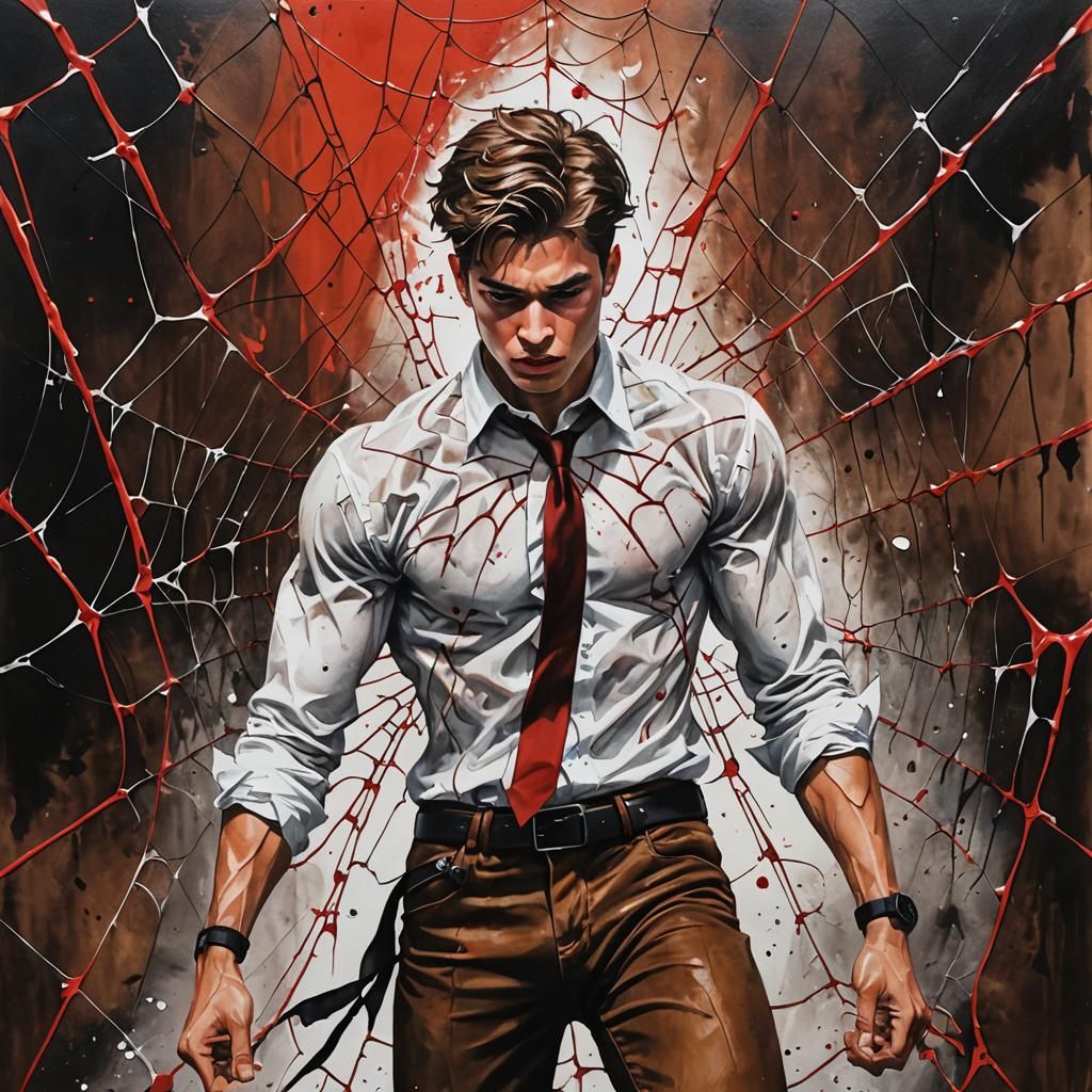 Boy Trapped in Web: An Impressionist Gouache Painting