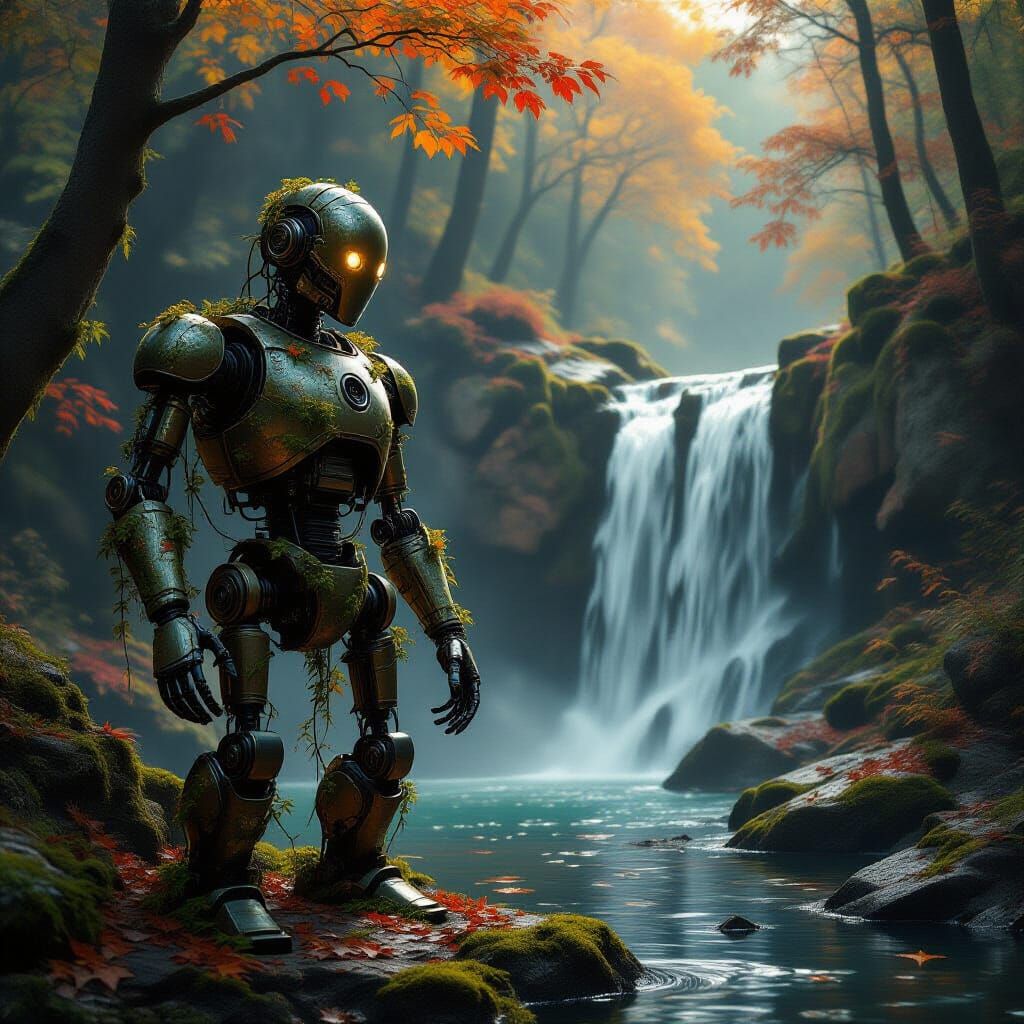 Automaton Guarding Autumn Waterfall in Dark Fantasy Style