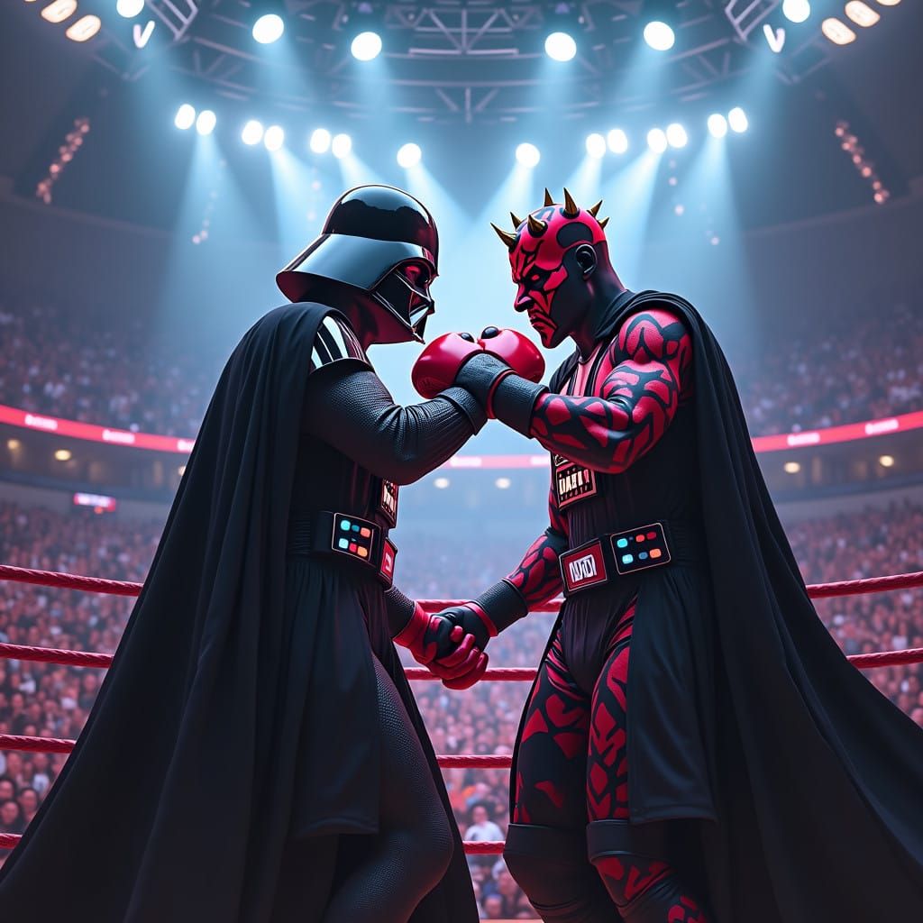 Sith Lords Clash in Neon-Lit Boxing Arena in Cyberpunk Style